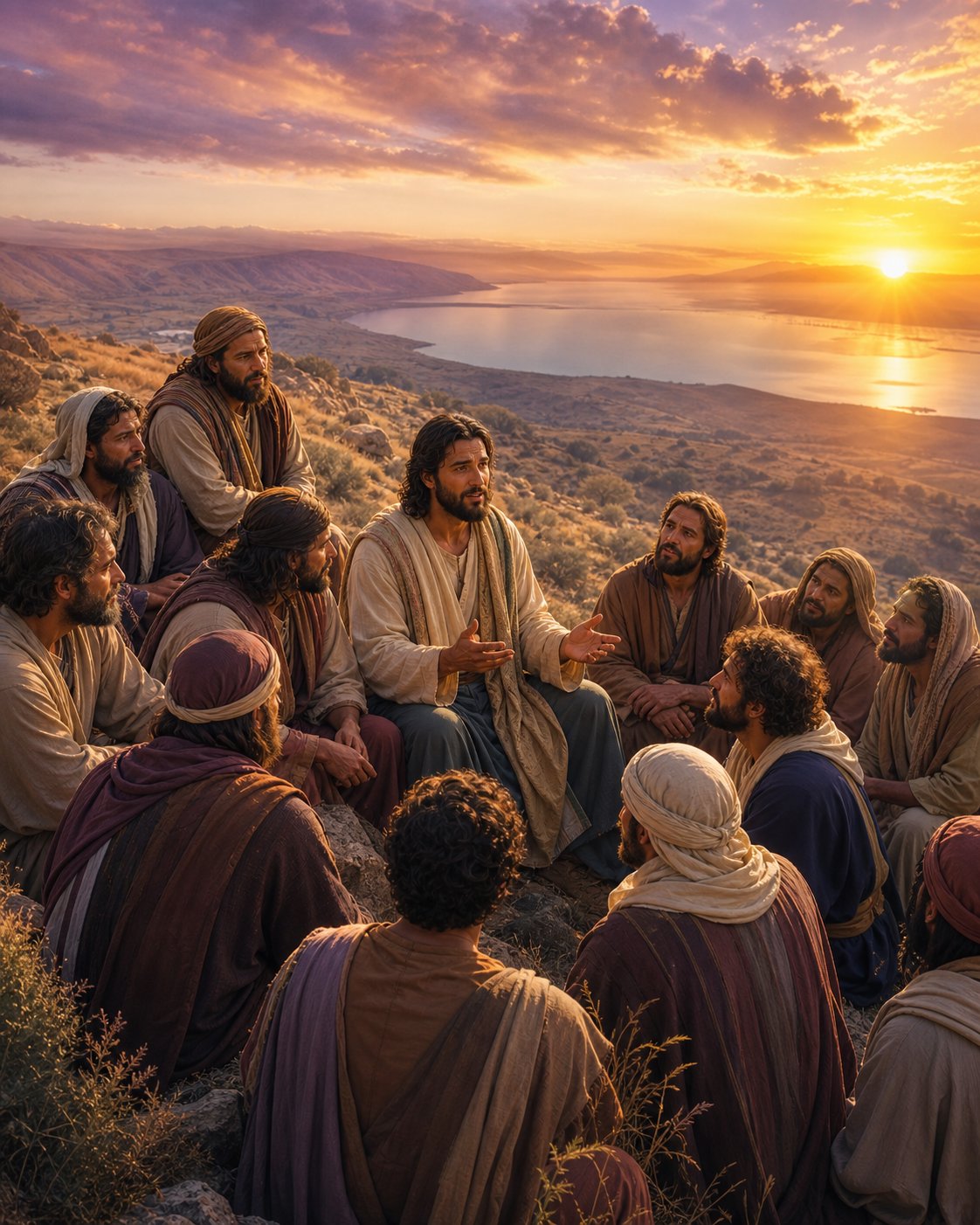 Diamond Painting Jezus met de Apostelen op de Heuvel – Jezus en twaalf volwassen volgelingen als gevarieerde groep op een heuvel bij dageraad