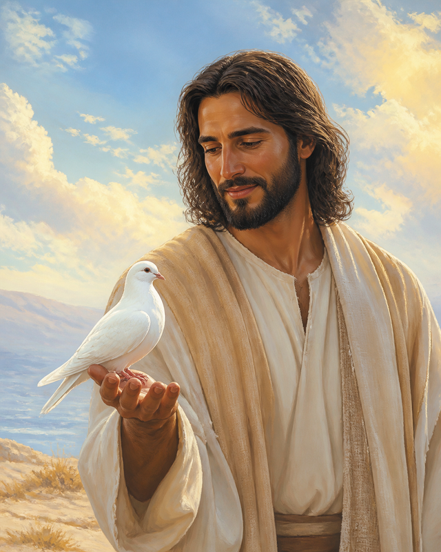 Diamond Painting Jezus met een Witte Duif – Jezus met een witte duif op zijn open hand tegen een rustige lichte hemel
