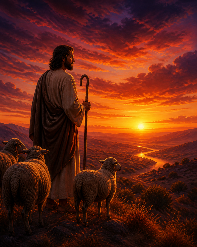 Diamond Painting Jezus met Herderstaf bij Zonsondergang – een silhouetachtige maar gedetailleerde scène van Jezus met herderstaf en enkele schapen tegen een ruime zonsondergang