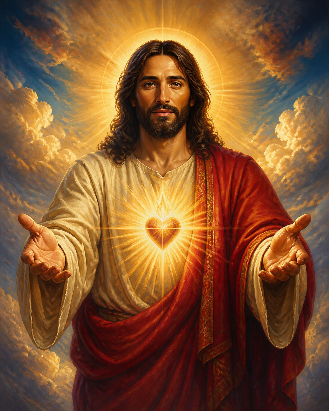 Diamond Painting Jezus met het Heilig Hart – een respectvolle originele voorstelling van Jezus met open handen en een warm stralend hart als symbolisch licht, zonder tekst