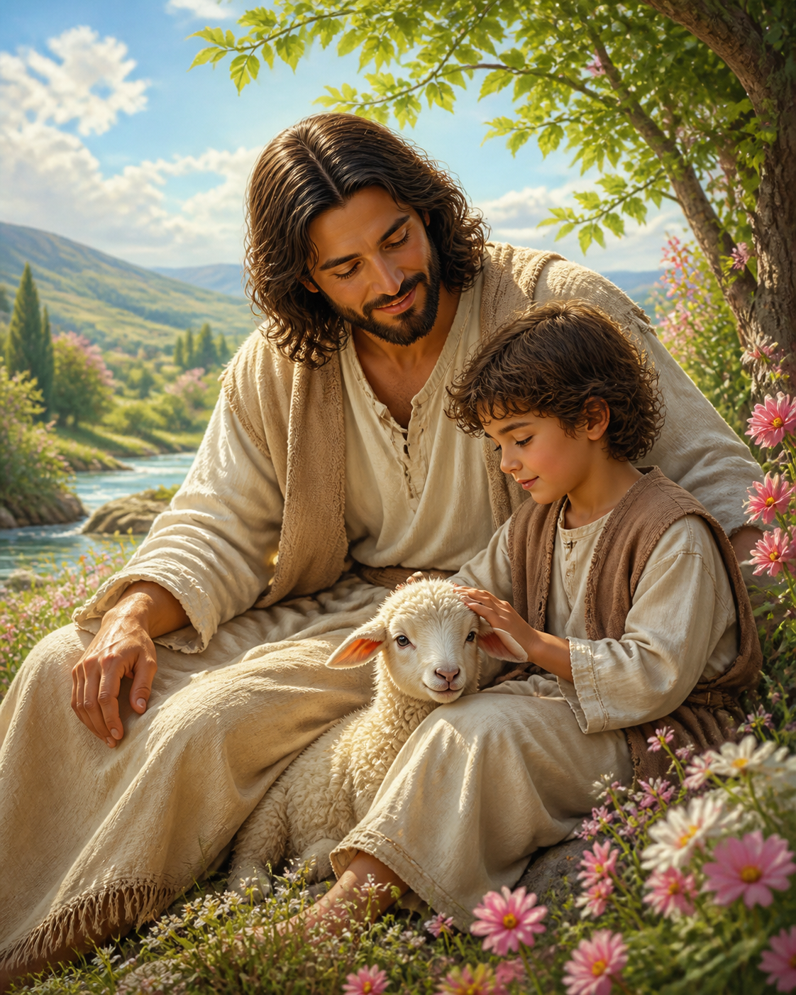 Diamond Painting Jezus met Kind en Lam – Jezus zit in een weide naast een kind dat een lam voorzichtig aait