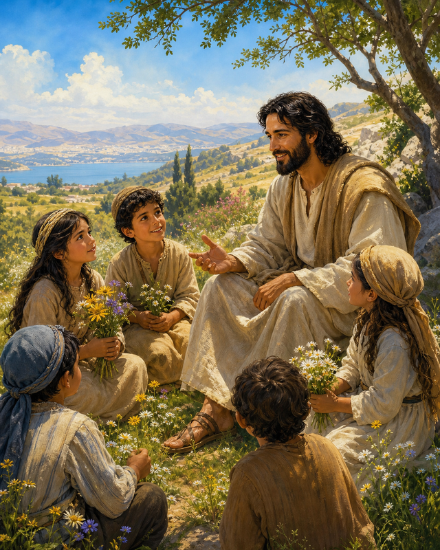 Diamond Painting Jezus met Kinderen in de Natuur – Jezus zit in een veld terwijl meerdere kinderen op gepaste afstand luisteren en bloemen vasthouden