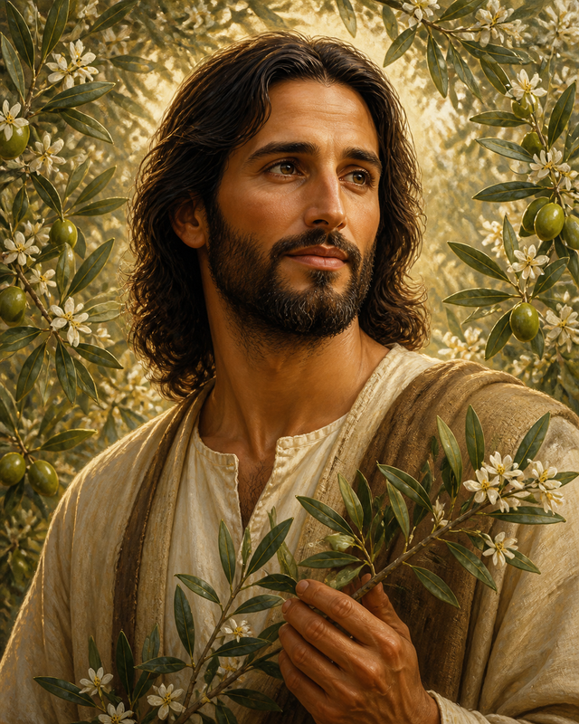 Diamond Painting Jezus met Olijftakken – Jezus in driekwartportret omringd door olijftakken en kleine witte bloesem