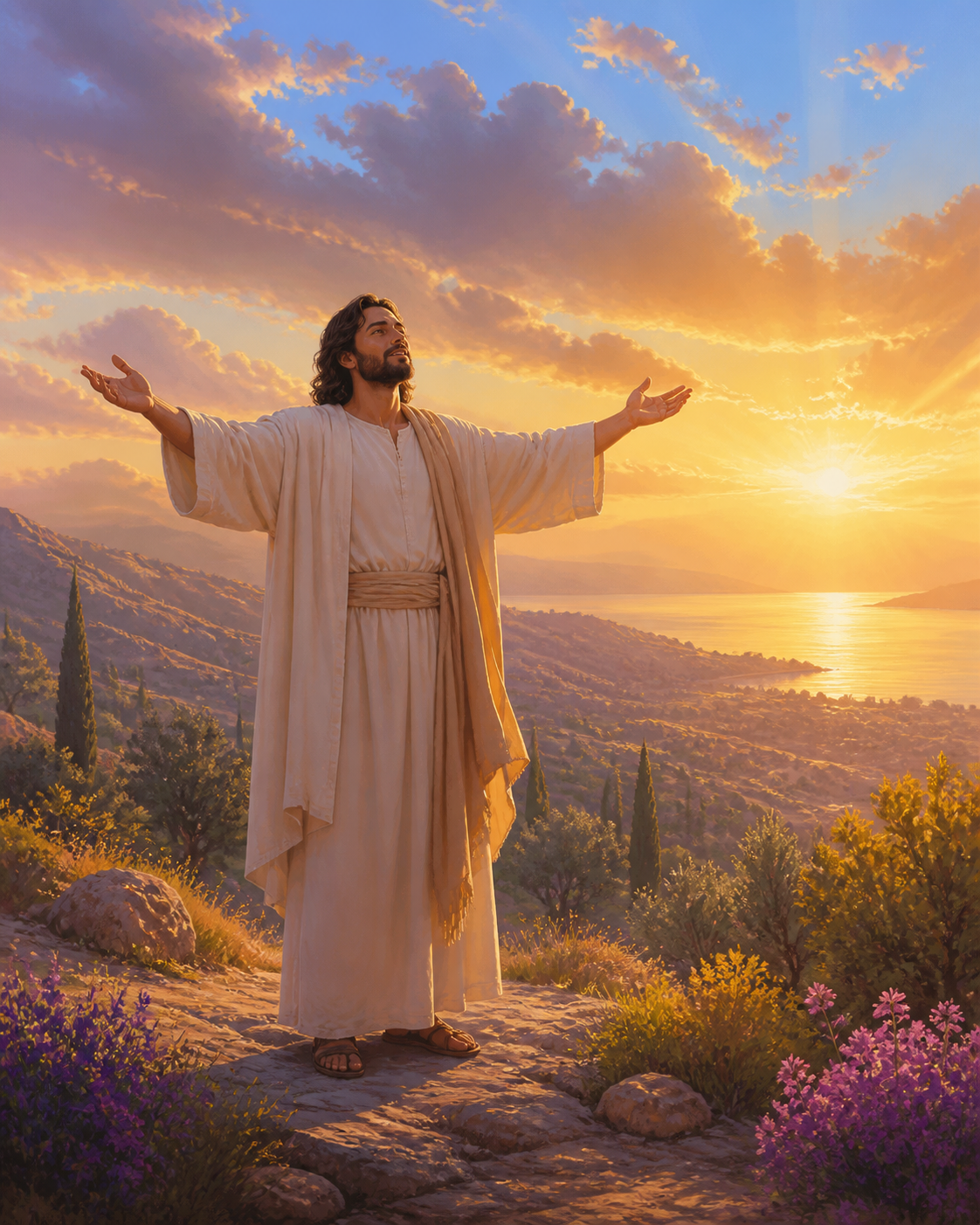 Diamond Painting Jezus met Open Armen – Jezus op een heuvel met open armen en een ruime zonsopkomst boven het landschap