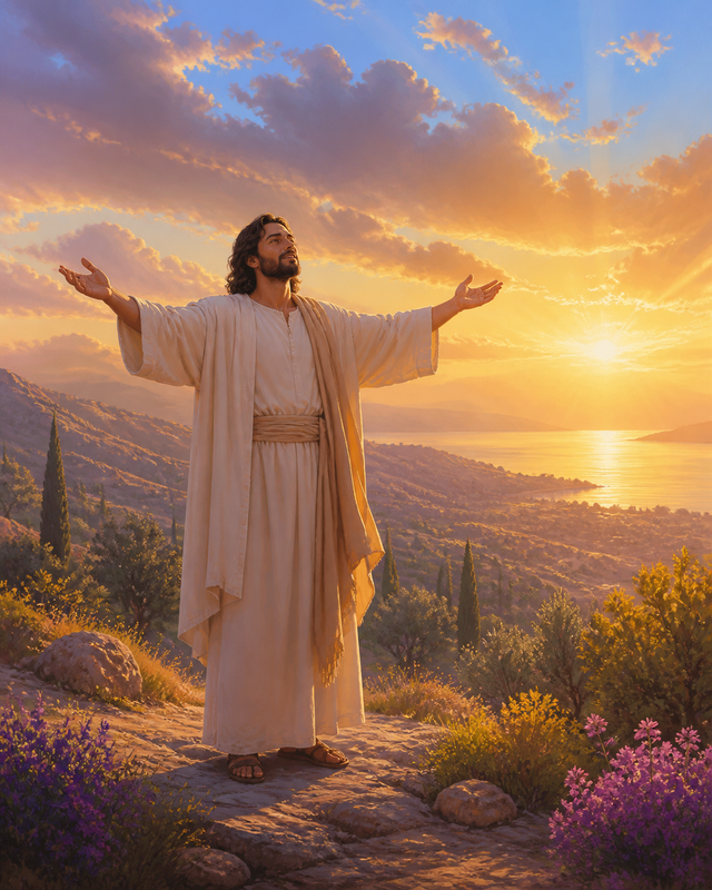 Diamond Painting Jezus met Open Armen – Jezus op een heuvel met open armen en een ruime zonsopkomst boven het landschap