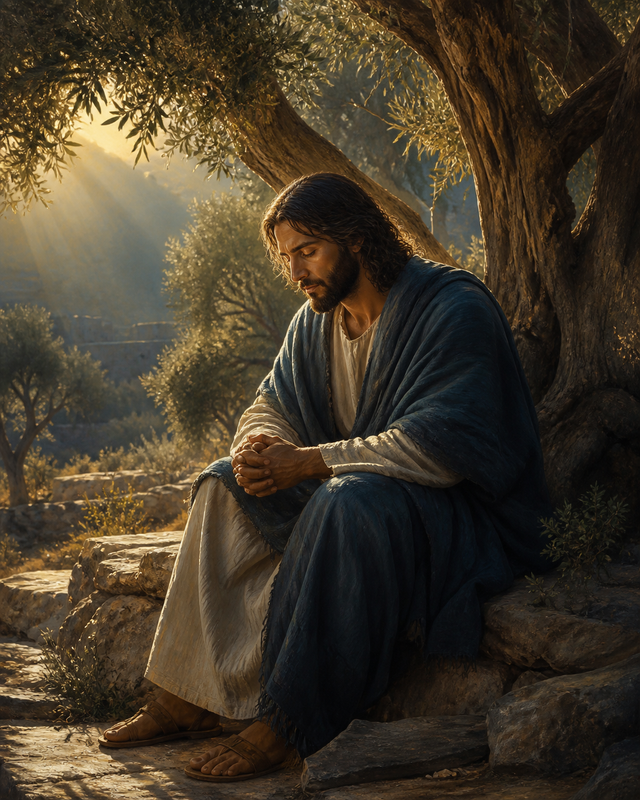 Diamond Painting Jezus onder de Olijfbomen – Jezus zit alleen onder oude olijfbomen met handen gevouwen en een eerste streep ochtendlicht