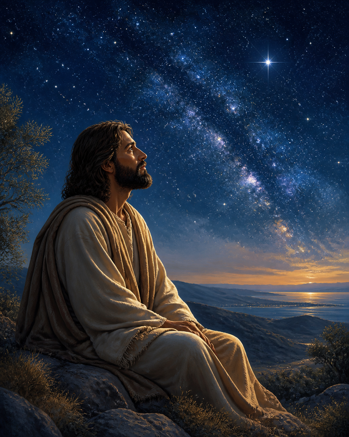 Diamond Painting Jezus onder de Sterrenhemel – Jezus in profiel op een stille heuvel onder een diepe sterrenhemel