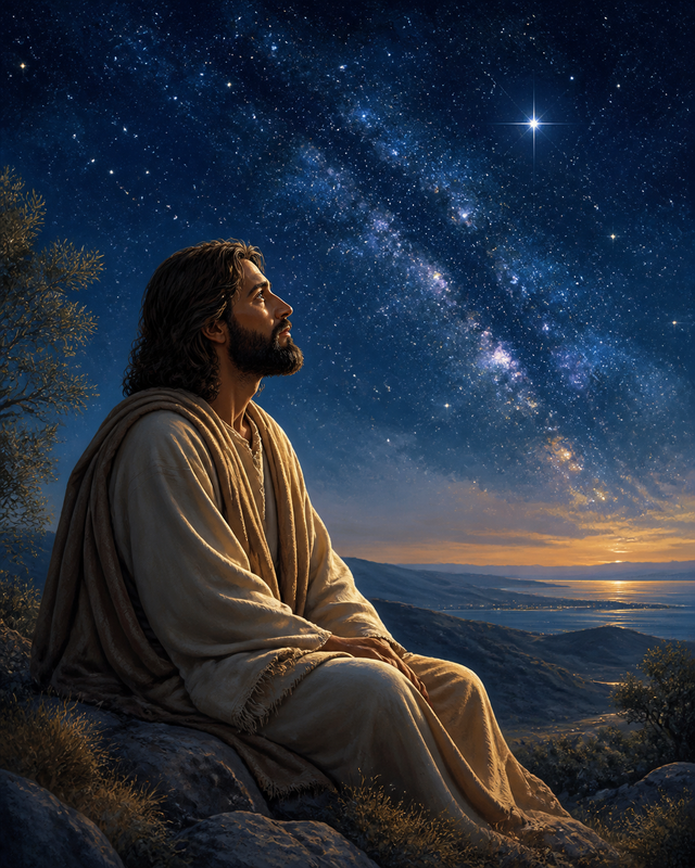 Diamond Painting Jezus onder de Sterrenhemel – Jezus in profiel op een stille heuvel onder een diepe sterrenhemel