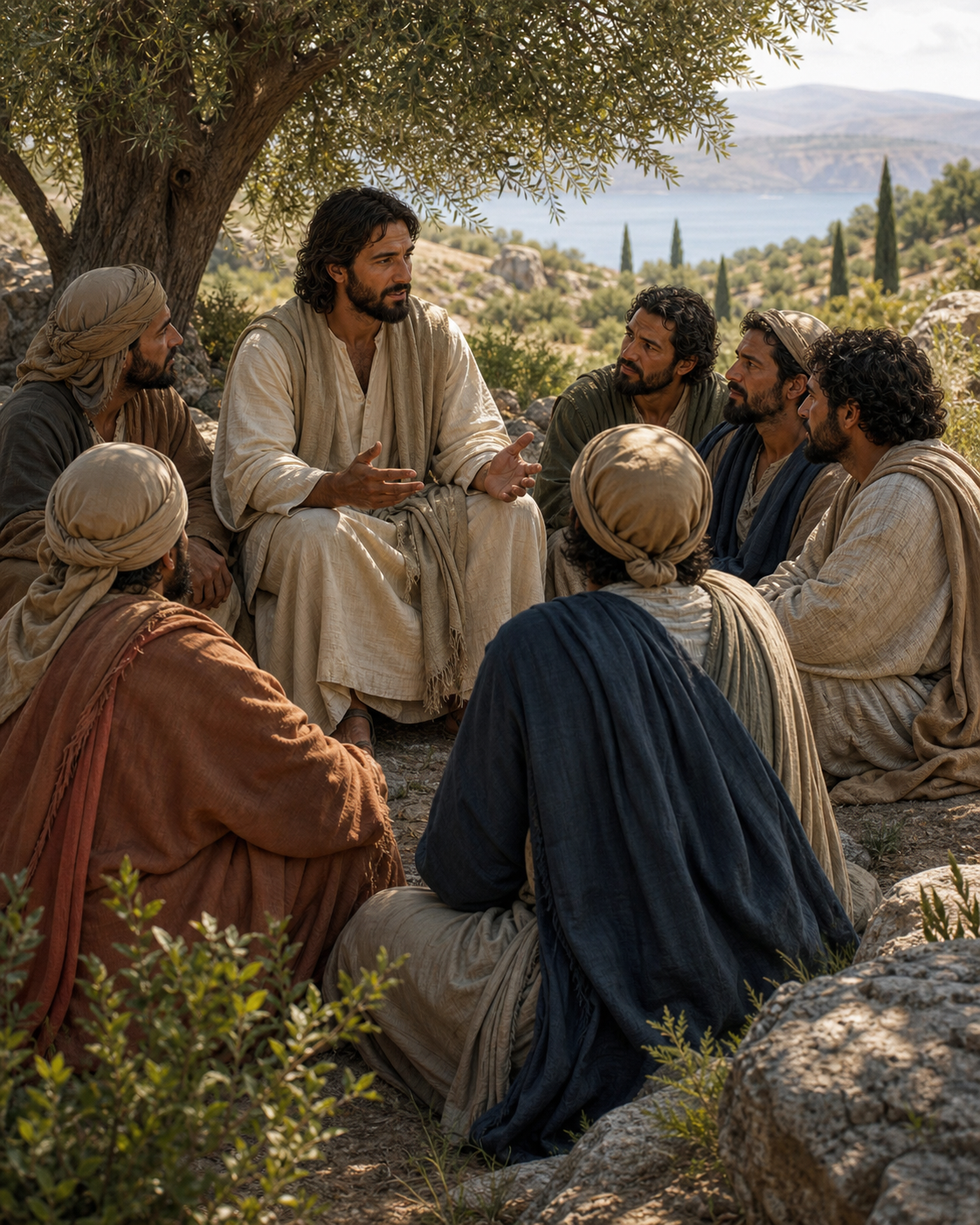 Diamond Painting Jezus Onderwijst de Discipelen – Jezus zit met een kleine kring volwassen discipelen onder een schaduwrijke boom