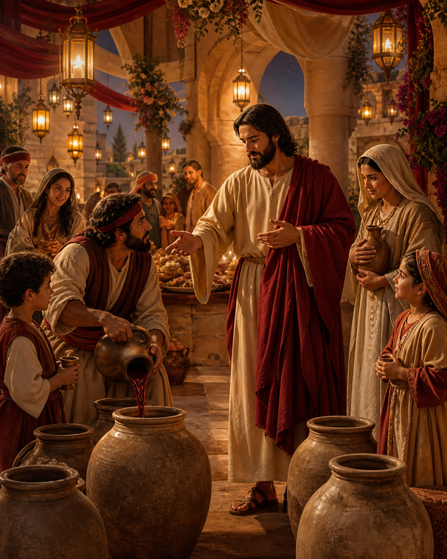 Diamond Painting Jezus op de Bruiloft in Kana – Jezus in een feestelijke binnenplaats uit de oudheid met stenen kruiken, tafels en warme lantaarns