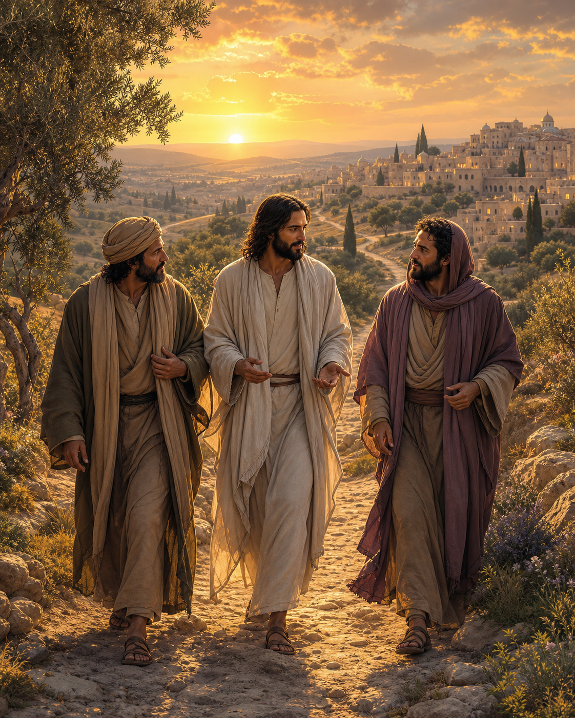 Diamond Painting Jezus op Weg naar Emmaüs – Jezus loopt met twee volwassen reizigers over een landweg naar een dorp in de avondzon