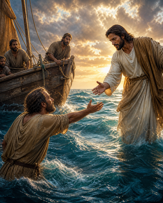 Diamond Painting Jezus Redt Petrus – Jezus reikt vanaf het water zijn hand naar Petrus naast een houten vissersboot, met veilige menselijke spanning zonder geweld