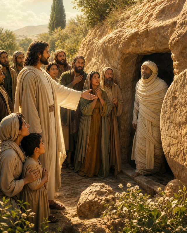 Diamond Painting Jezus Roept Lazarus – Jezus staat voor een geopende rotstombe met omstanders in het zachte daglicht, zonder doods- of verwondingsdetail