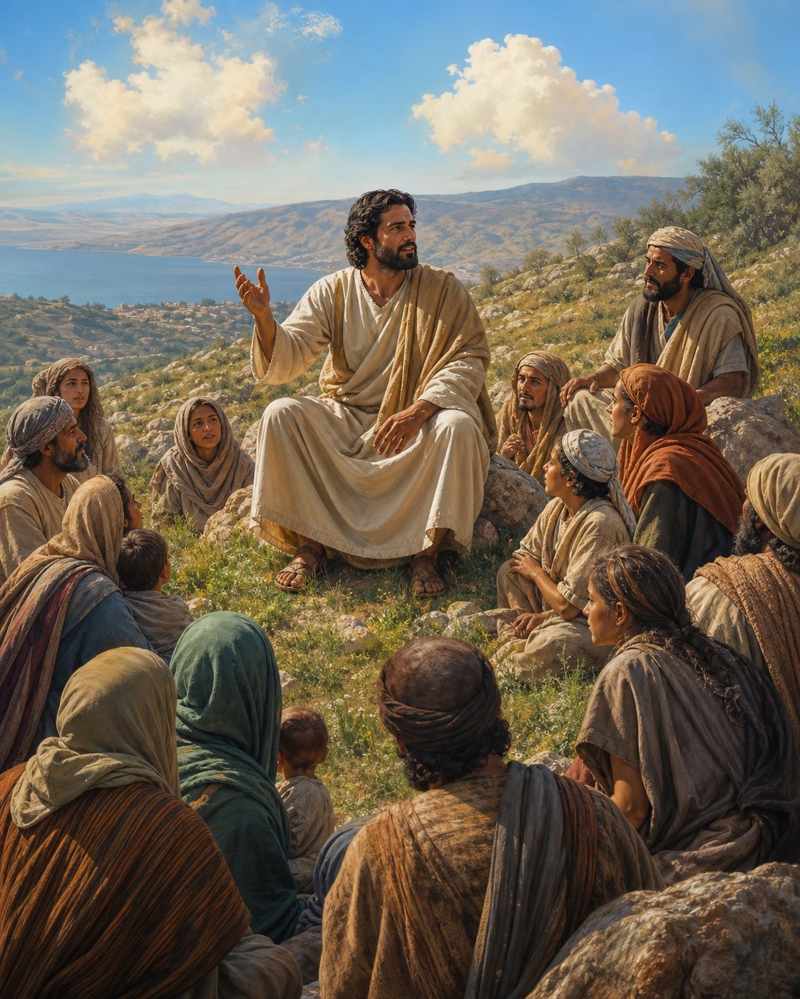 Diamond Painting Jezus tijdens de Bergrede – Jezus spreekt vanaf een lage heuvel tot een diverse menigte families in een ruim landschap