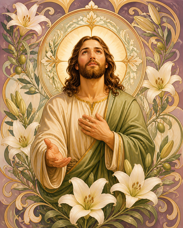 Diamond Painting Jezus tussen Art-nouveauranken – een originele decoratieve voorstelling van Jezus omlijst door vloeiende lelies, olijftakken en gebogen natuurvormen