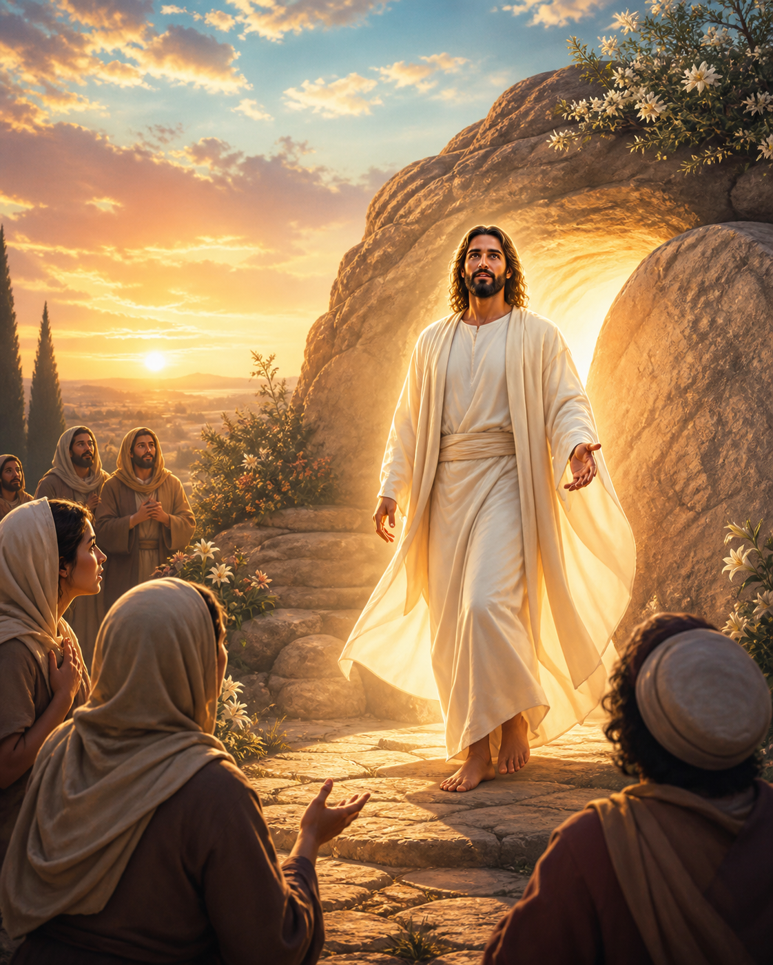 Diamond Painting Jezus Verrijst bij Dageraad – Jezus stapt in licht uit een geopende rotstombe bij dageraad, met rustige houding en wapperende lichte mantel