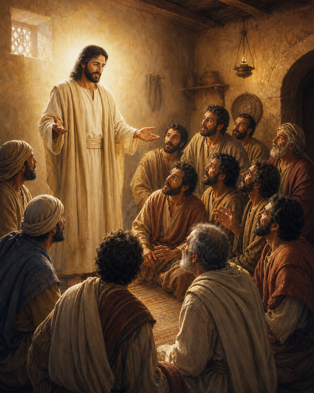Diamond Painting Jezus Verschijnt aan de Discipelen – Jezus staat in zacht licht in een eenvoudige kamer met een kring verbaasde volwassen discipelen