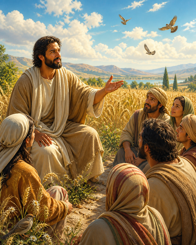 Diamond Painting Jezus Vertelt een Gelijkenis – Jezus spreekt met open hand tot een kleine groep op een akker met graan en vogels in de lucht
