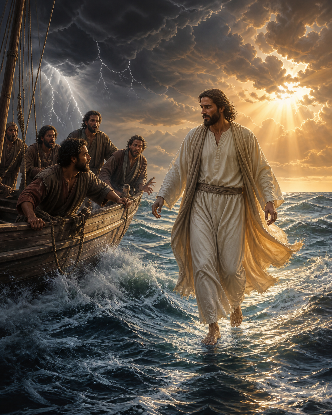 Diamond Painting Jezus Wandelt over het Water – Jezus loopt over golvend water naar een kleine houten boot onder een openbrekende stormlucht