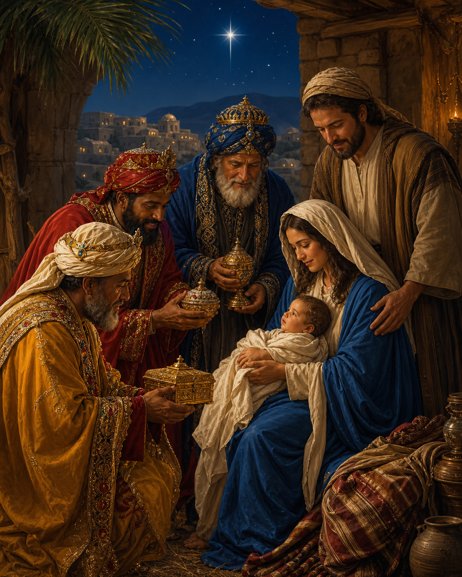 Diamond Painting Kind Jezus en de Drie Wijzen – drie reizigers in historisch geïnspireerde gewaden brengen geschenken aan Maria, Jozef en kind Jezus