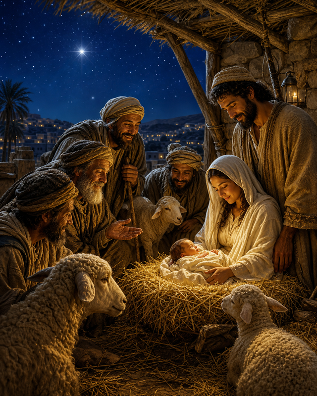 Diamond Painting Kind Jezus met de Herders – herders met enkele schapen bezoeken Maria, Jozef en kind Jezus in een open stal