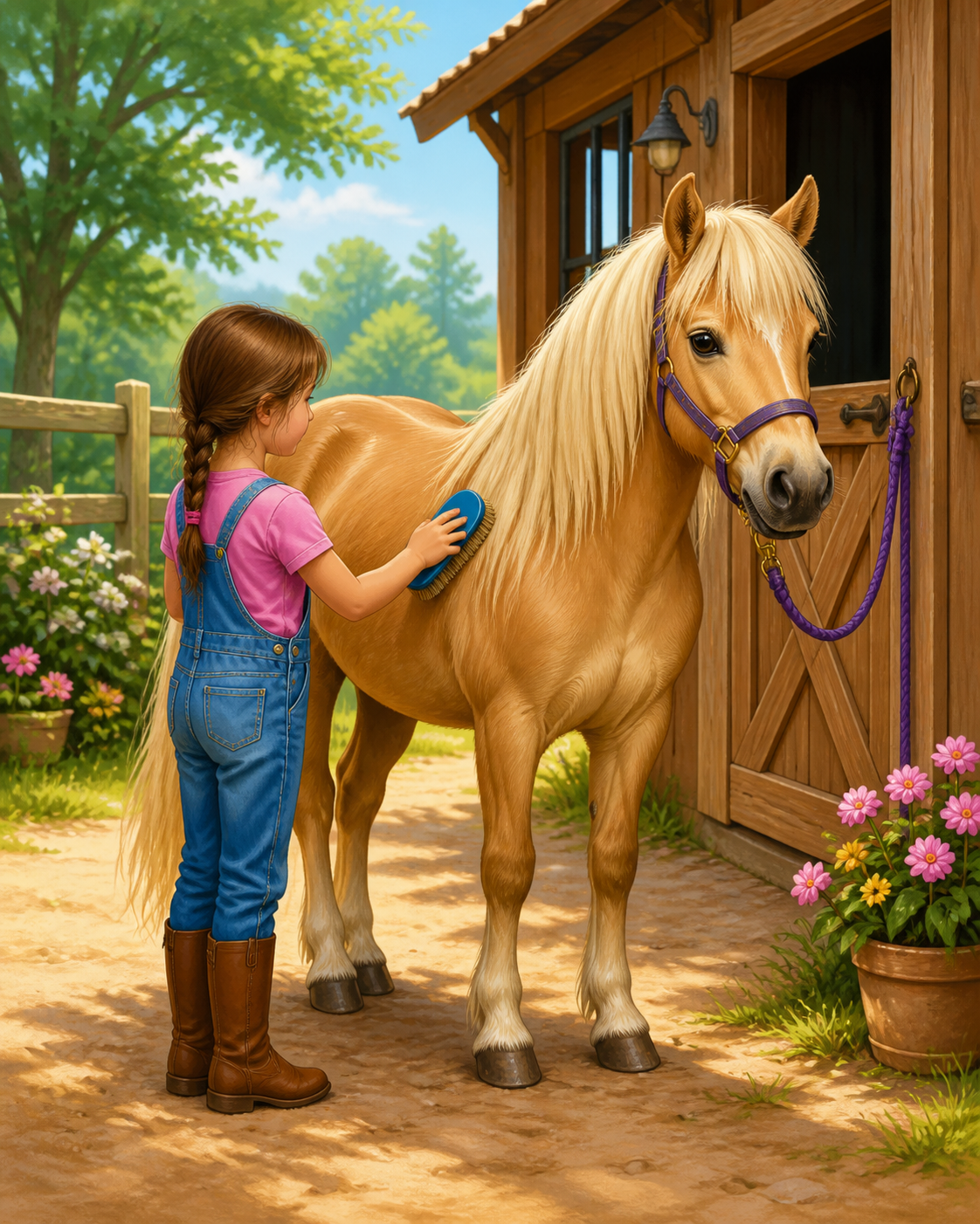 Diamond Painting Kind dat een Pony Borstelt – een kind dat rustig een pony borstelt
