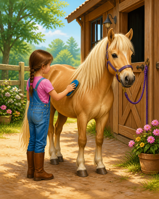 Diamond Painting Kind dat een Pony Borstelt – een kind dat rustig een pony borstelt