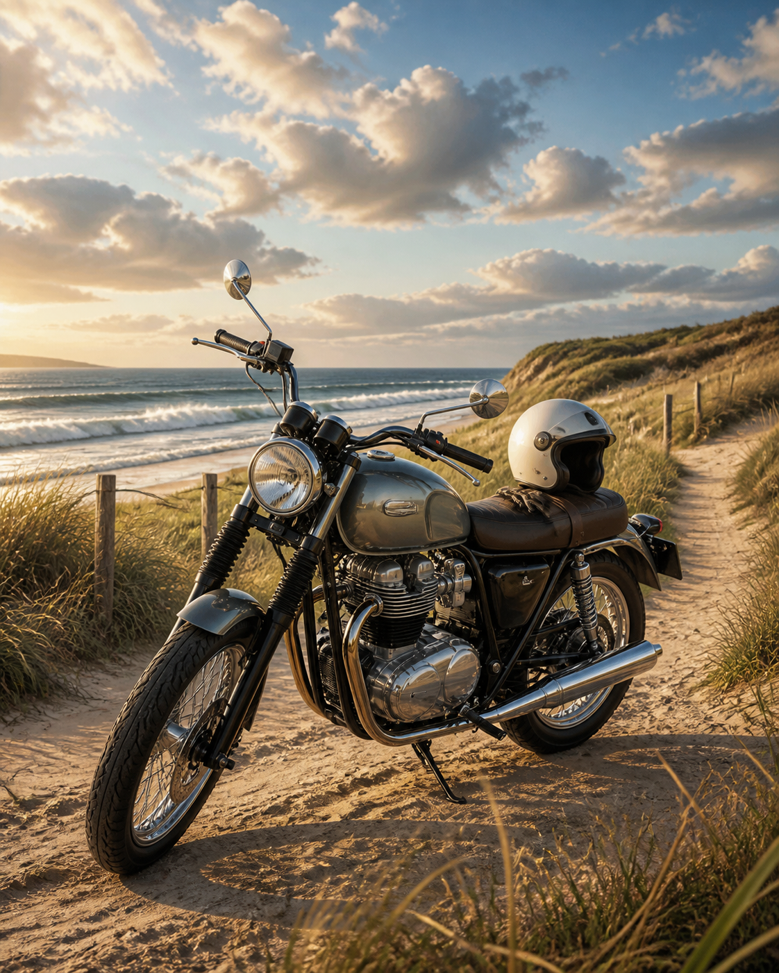 Diamond Painting Klassieke Motor aan Zee – een klassieke merkloze motor op een duinweg met zee, helm op het zadel en bewegend helmgras