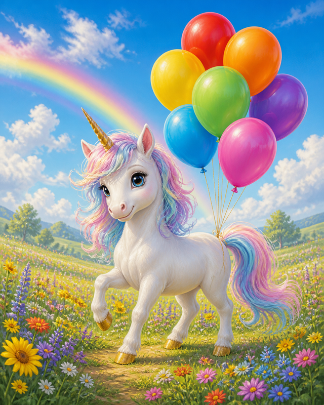 Diamond painting ontwerp met kleine eenhoorn met regenboogballonnen