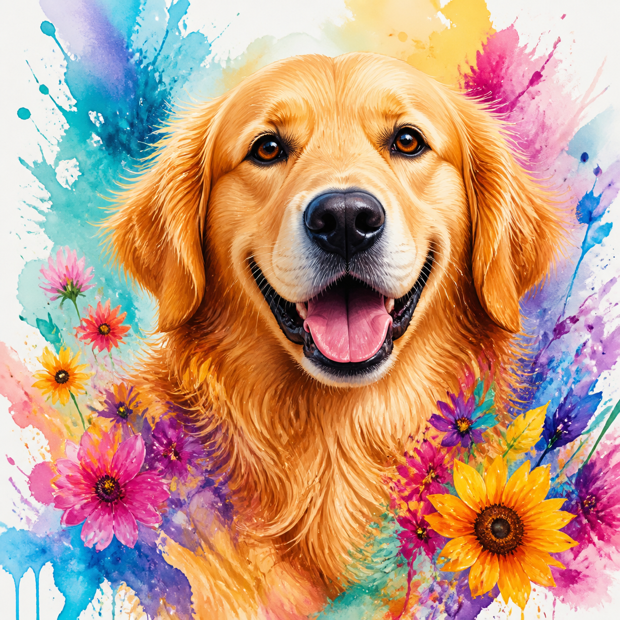 Diamond painting ontwerp met kleurrijke golden retriever in aquarel