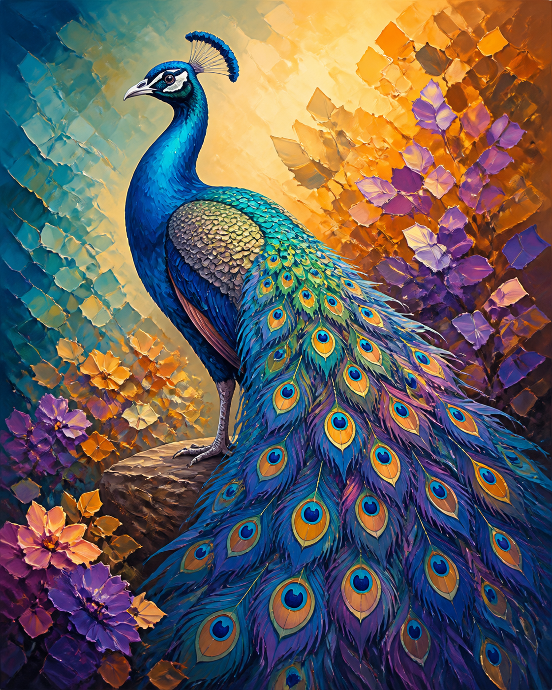 Diamond Painting Kleurrijke Pauw in Mozaïekstijl – een kleurrijke pauw in vloeiende mozaïekachtige kleurvlakken