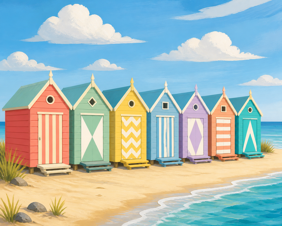 Diamond painting ontwerp met kleurrijke strandhuisjes
