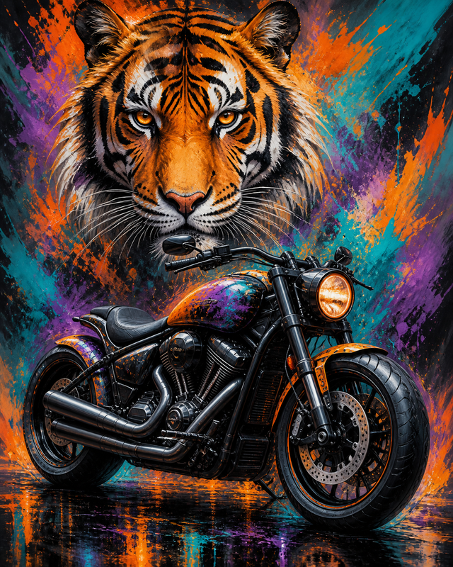 Diamond Painting Kleurrijke Tijgermotor – een merkloze motor gecombineerd met een krachtig tijgerportret in kleurrijke verfvlakken