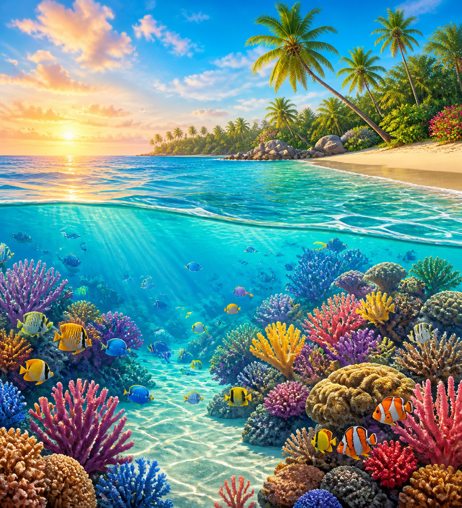 Diamond painting ontwerp met koraalbaai bij het strand