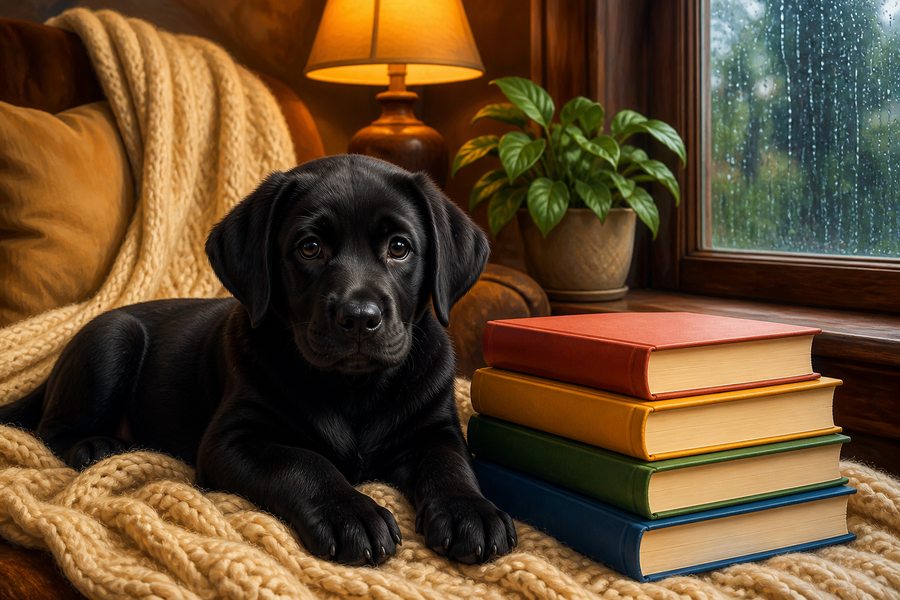 Diamond painting ontwerp met labrador puppy bij de boeken