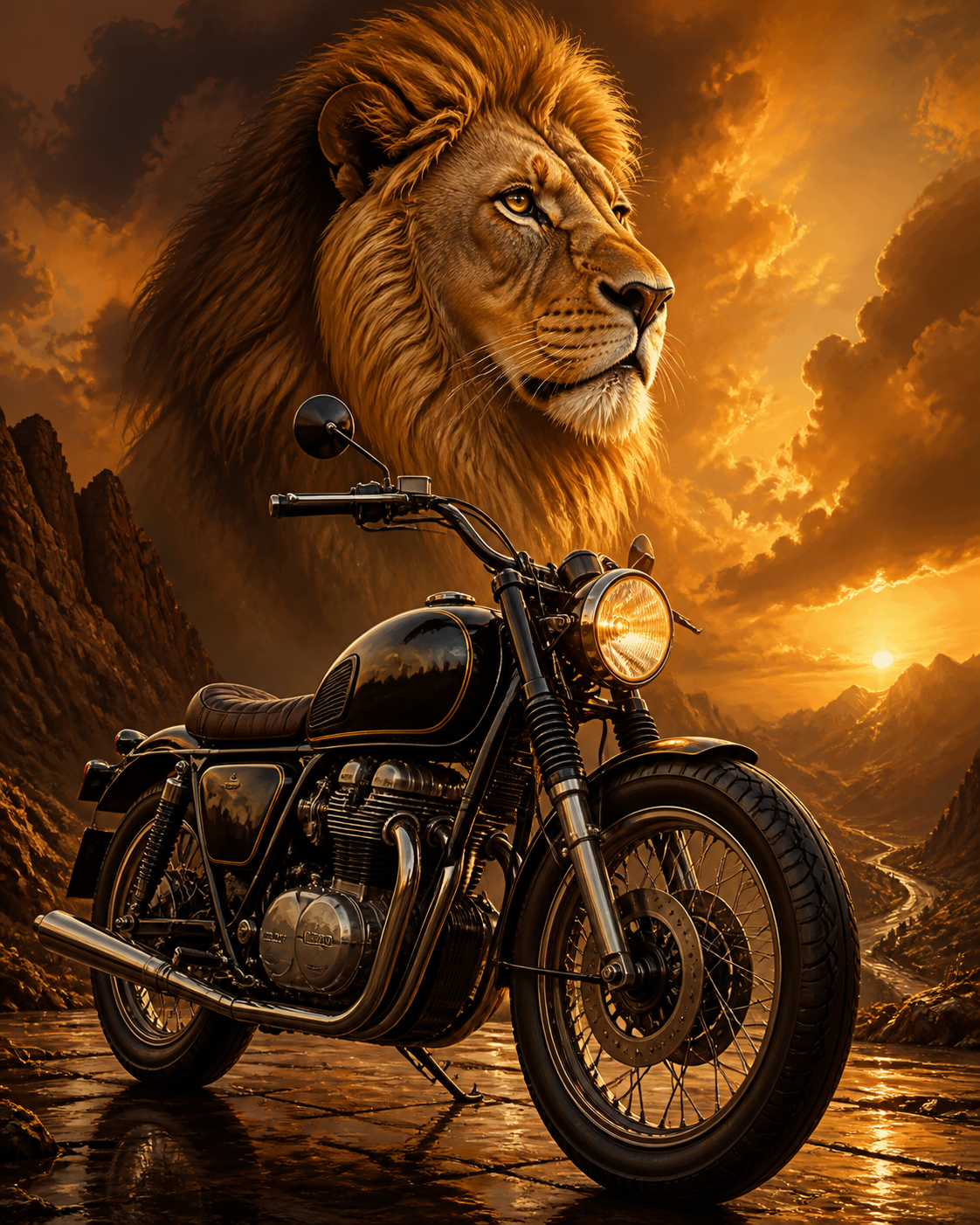 Diamond Painting Leeuw en Klassieke Motor – een merkloze klassieke motor met een waardig leeuwenportret als achtergrondmotief