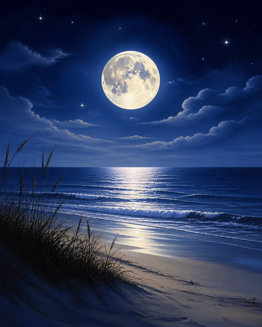 Diamond painting ontwerp met maanlicht over het strand