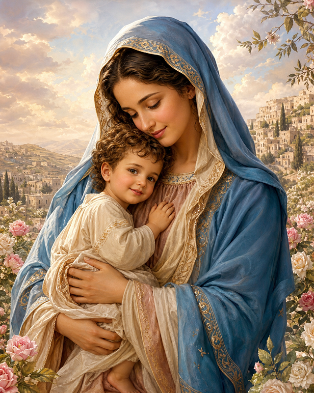 Diamond Painting Maria met Kind Jezus – een originele tedere compositie van Maria met kind Jezus tegen een zachte rustige achtergrond