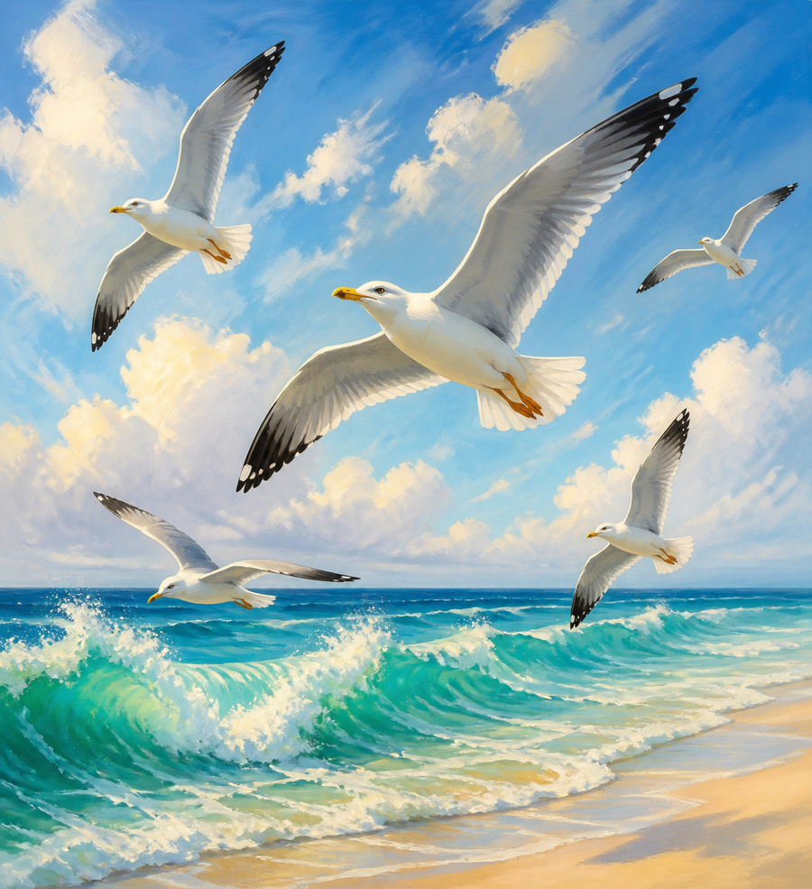 Diamond painting ontwerp met meeuwen boven de branding
