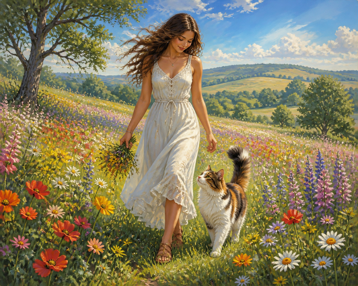 Diamond painting ontwerp met meisje en poes in een bloemenveld