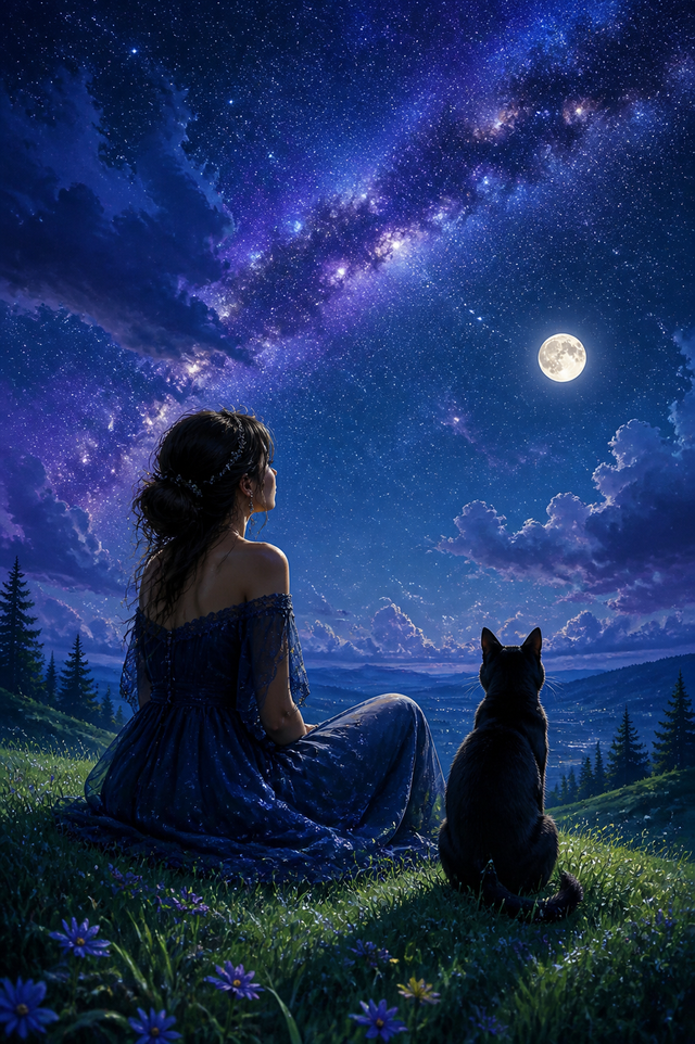 Diamond painting ontwerp met meisje met zwarte poes onder de sterren