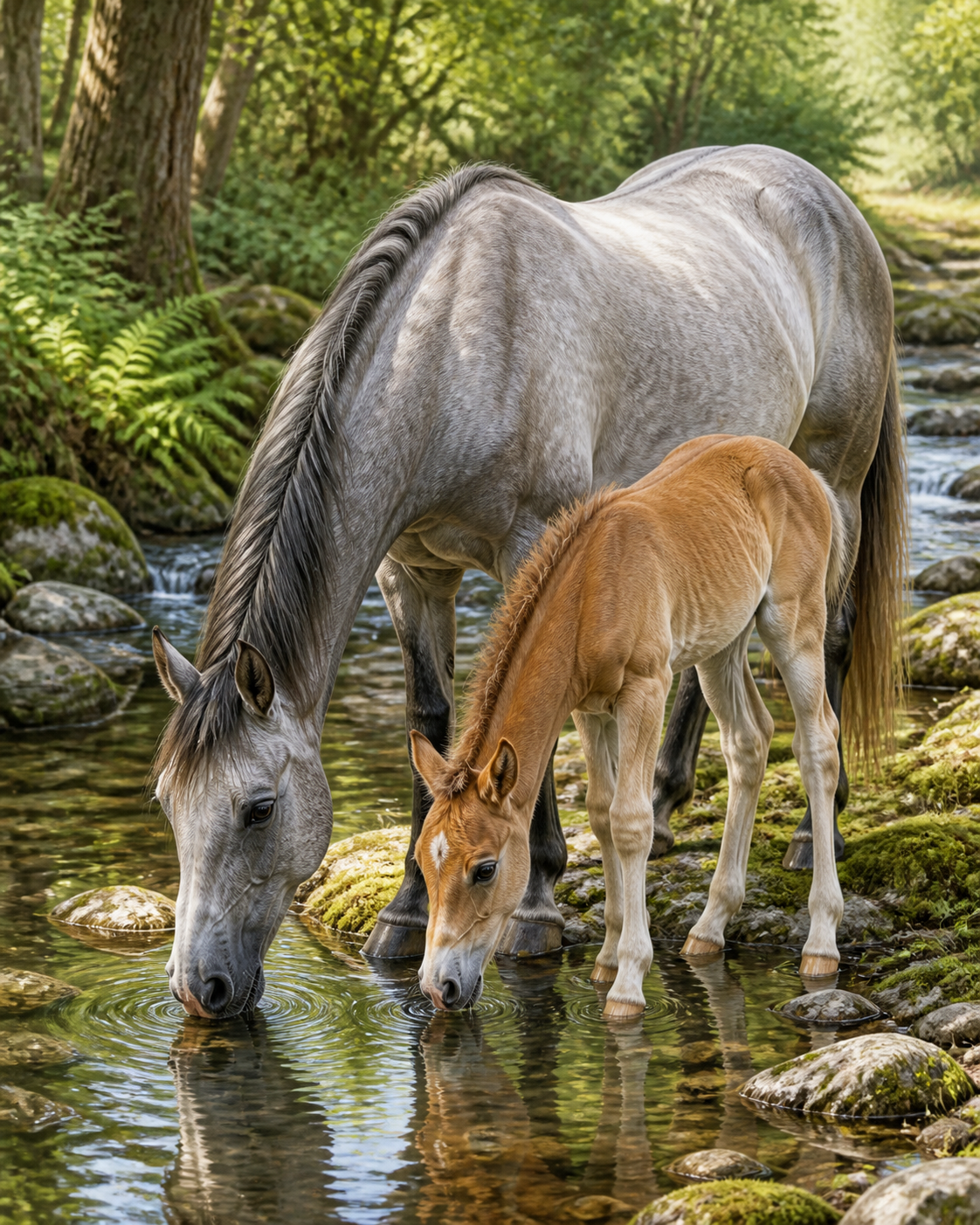 Diamond Painting Merrie en Veulen bij de Beek – een merrie en veulen bij een heldere bosbeek