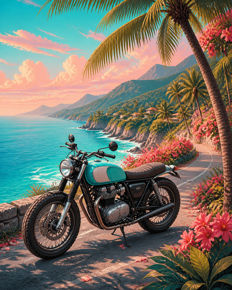 Diamond Painting Motor aan de Tropische Kust – een merkloze motor onder palmen langs een turquoise kustweg
