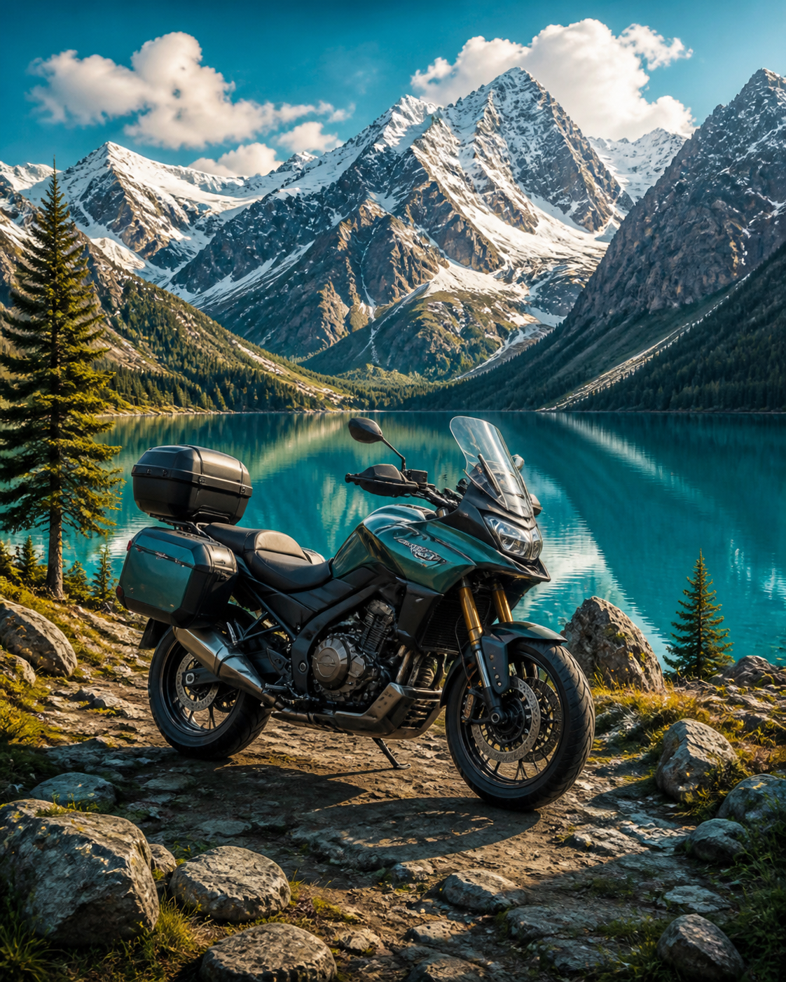 Diamond Painting Motor aan het Bergmeer – een merkloze tourmotor aan een spiegelend bergmeer met besneeuwde toppen
