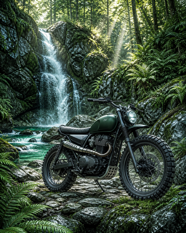 Diamond Painting Motor bij de Boswaterval – een merkloze scrambler bij een rotsachtige boswaterval met varens en zonnestralen