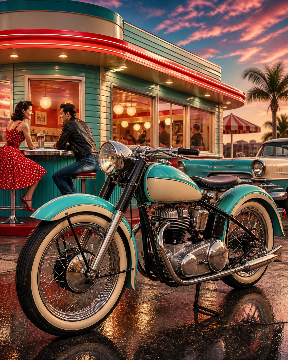 Diamond Painting Motor bij het Retrodiner – een merkloze klassieke motor voor een origineel jaren-vijftig-diner zonder tekst of logo