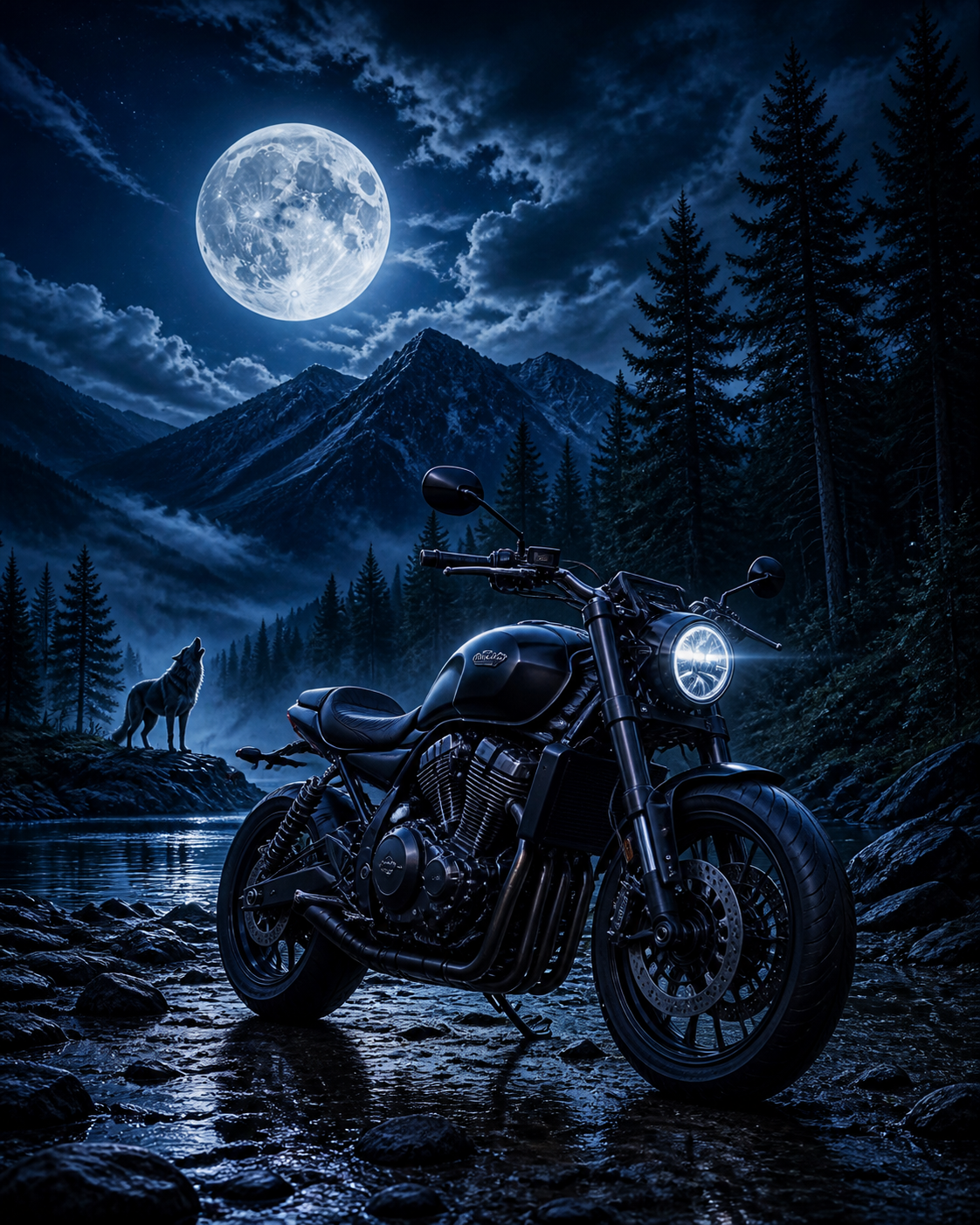 Diamond Painting Motor en Wolf bij Volle Maan – een merkloze motor bij een dennenbos met een wolf op afstand onder een grote volle maan