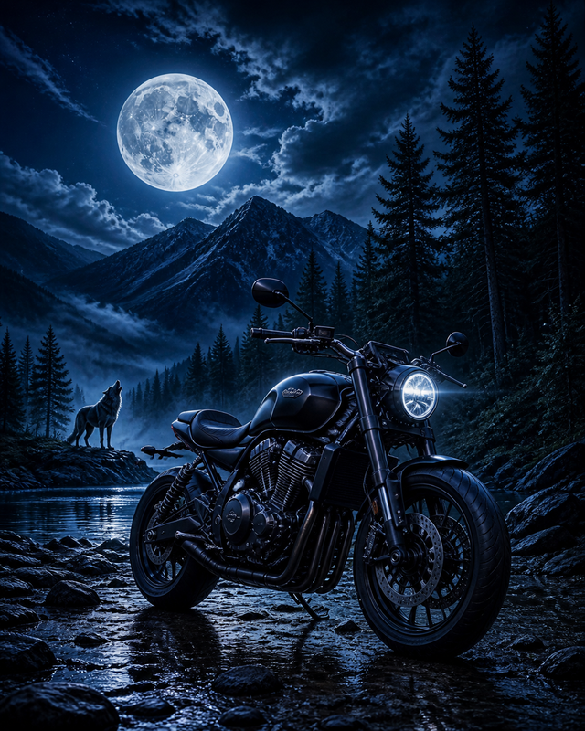 Diamond Painting Motor en Wolf bij Volle Maan – een merkloze motor bij een dennenbos met een wolf op afstand onder een grote volle maan