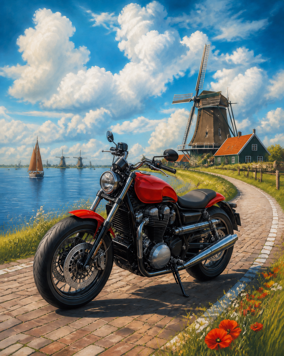 Diamond Painting Motor langs de Molendijk – een merkloze motor op een Nederlandse dijk met molens, water en een ruime wolkenlucht