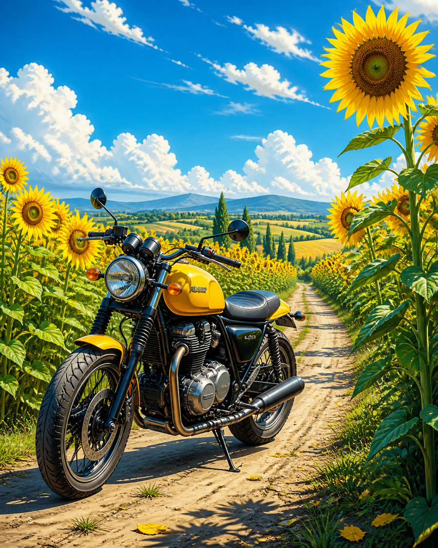 Diamond Painting Motor langs de Zonnebloemen – een merkloze motor op een landweg tussen hoge zonnebloemen onder een blauwe lucht